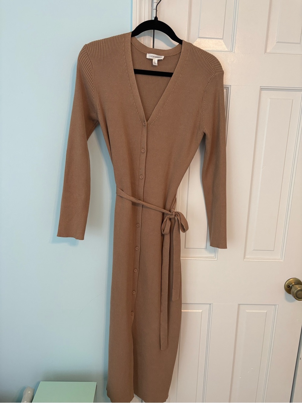 Lucky Brand Ribbed Button-Front Midi Dress - Tan